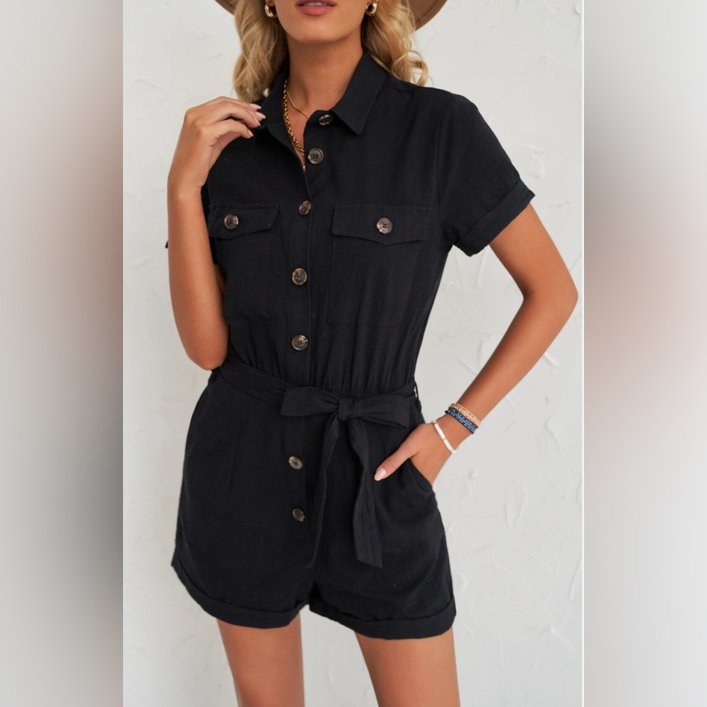 Button Down Romper with Waist Tie